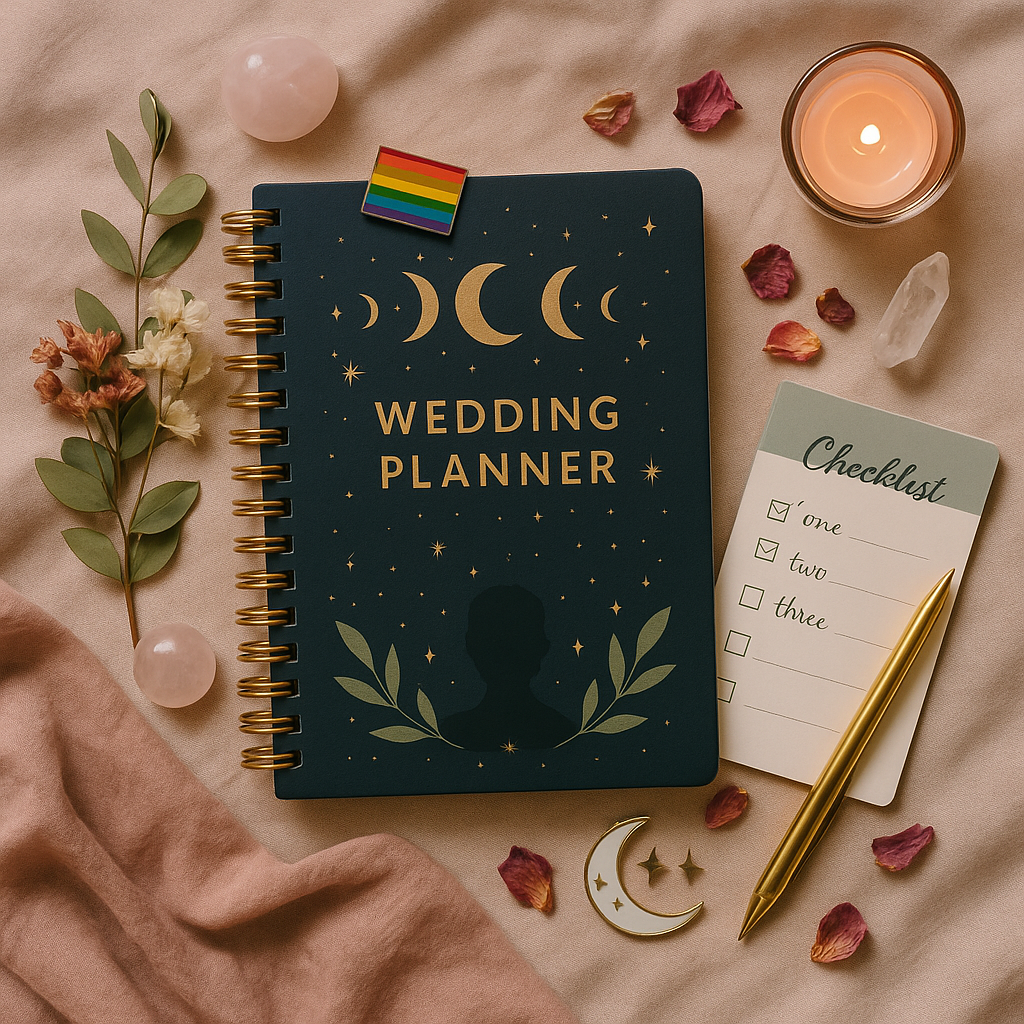 LGBTQIA+ wedding planner notebook with celestial cover